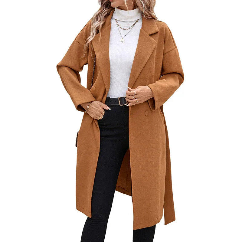 Manteau long en laine de couleur unie à lacets pour femme