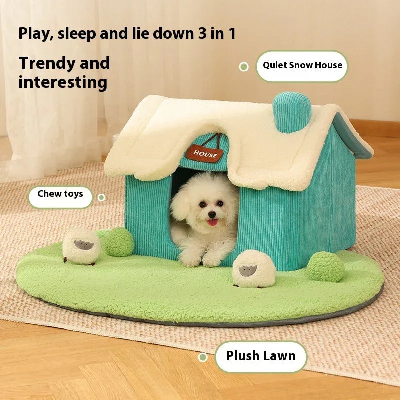 Lit pour animaux de compagnie créatif, mignon et chaud, avec pelouse en peluche et multiples jouets à mâcher pour chien