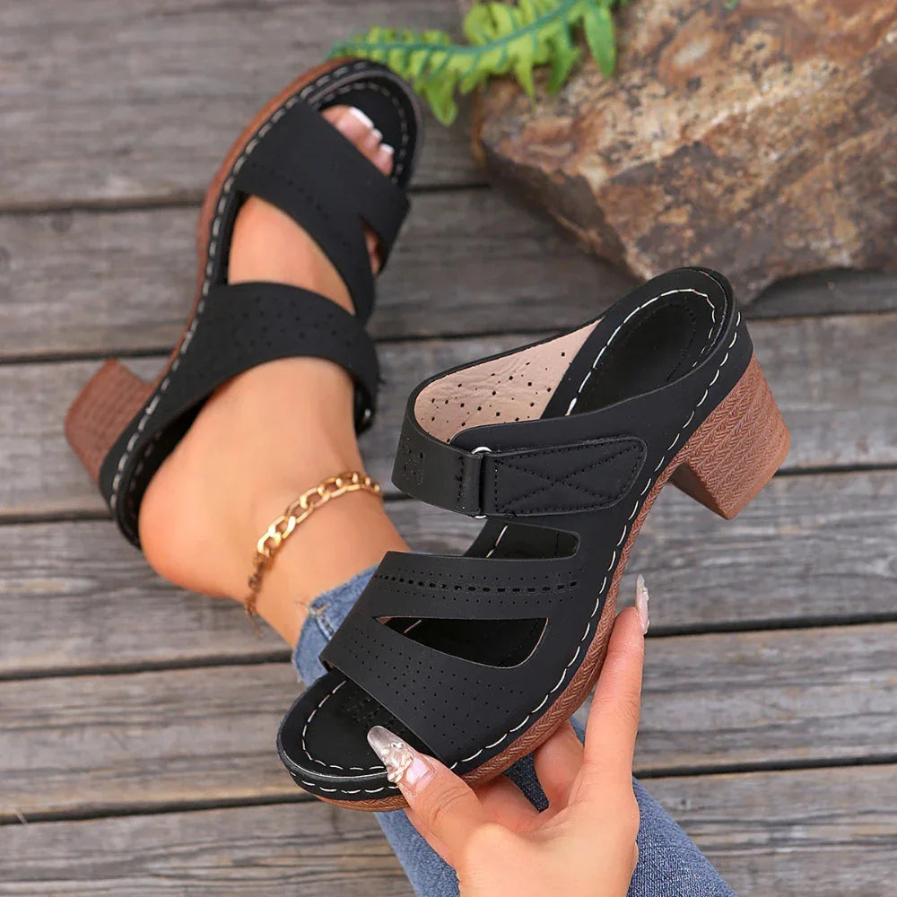 Sandales d'été à talon carré et bout ouvert pour femmes Chaussures décontractées de couleur unie