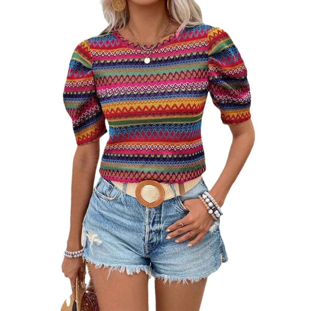 Haut de t-shirt décontracté en tricot bohème à col rond pour femme