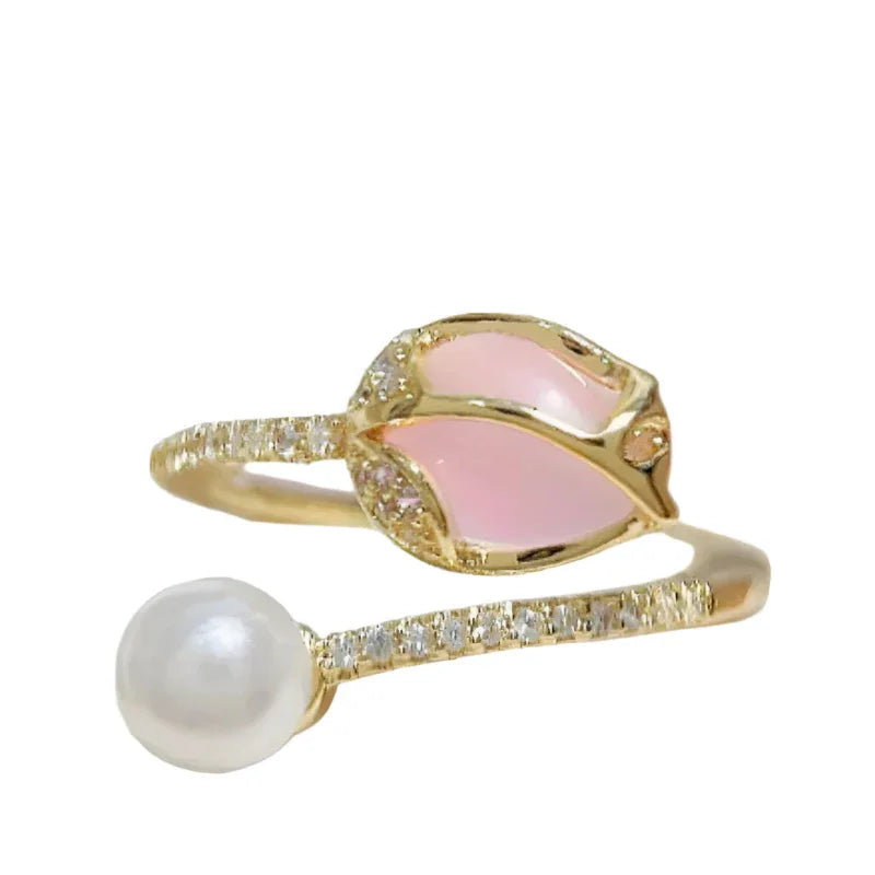 Bague réglable Perle et Bouton de Tulipe pour Femme