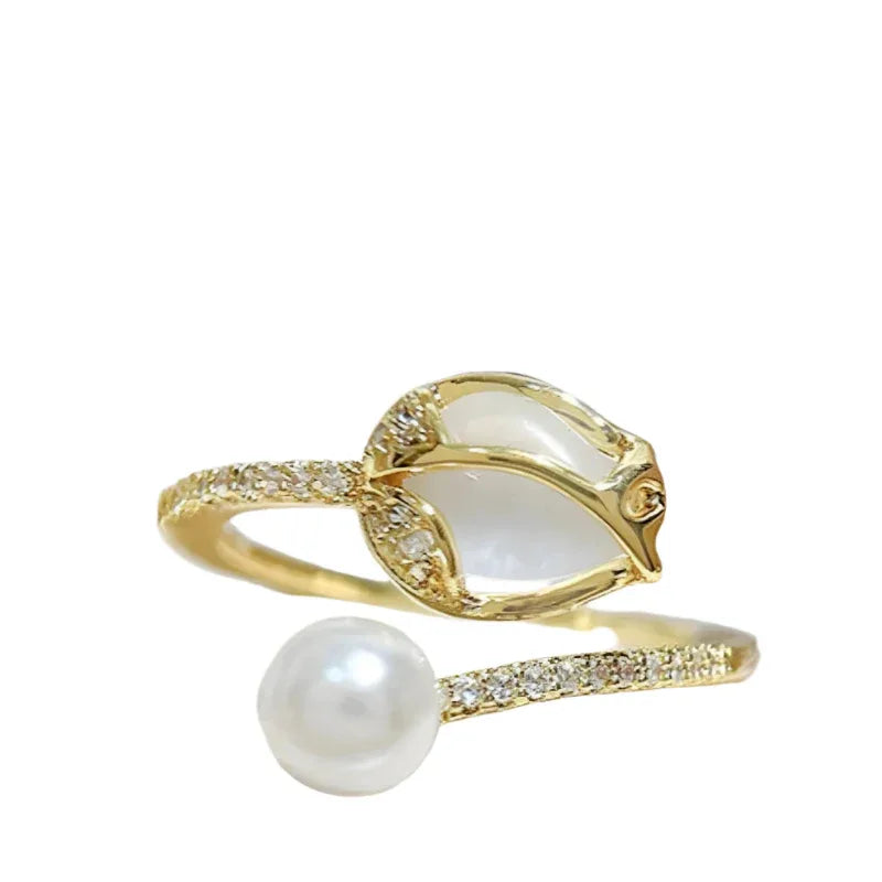 Bague réglable Perle et Bouton de Tulipe pour Femme
