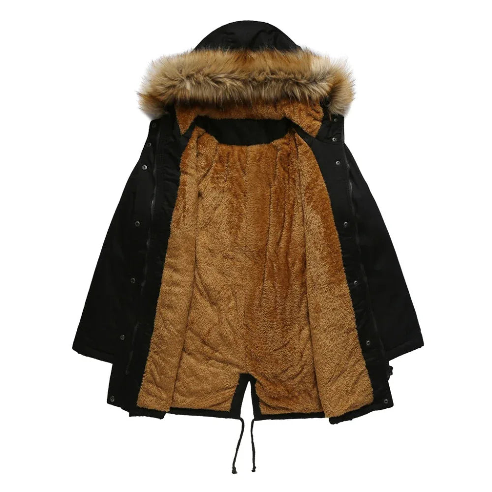 Veste d'hiver chaude doublée polaire à capuche avec col en fourrure pour femme