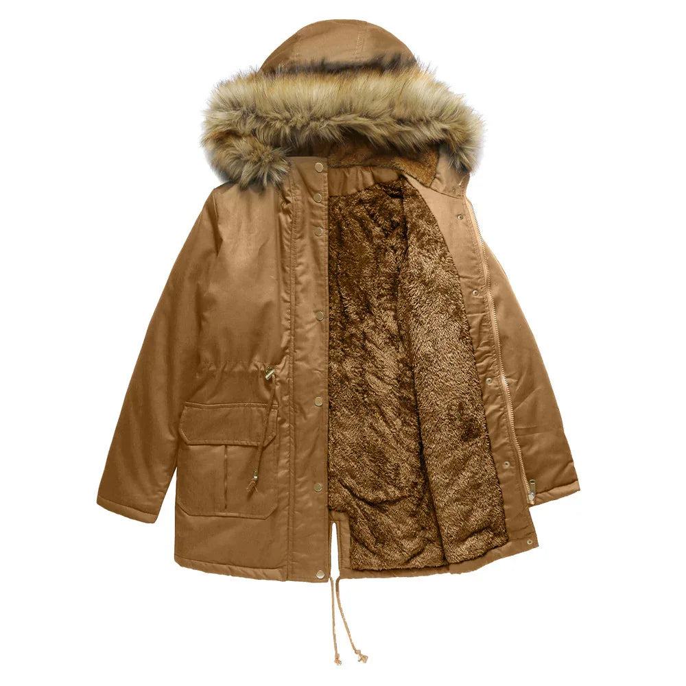 Veste d'hiver chaude doublée polaire à capuche avec col en fourrure pour femme