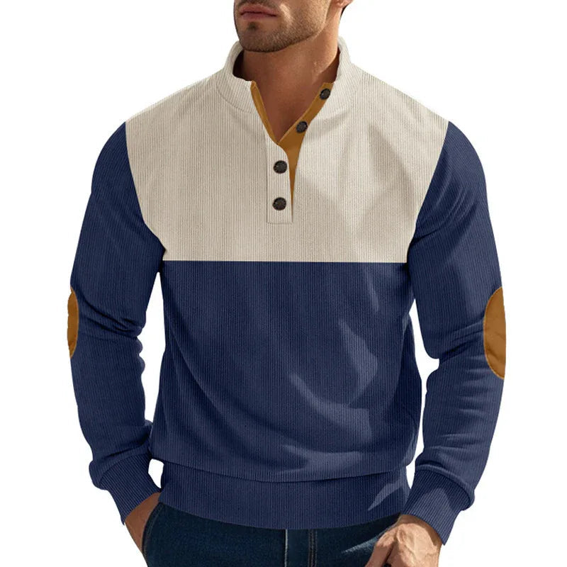Pull homme décontracté avec col montant, demi-boutonné, motif color block