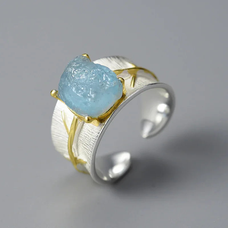 Bague longue feuille en argent S925 avec pierres précieuses pour femme