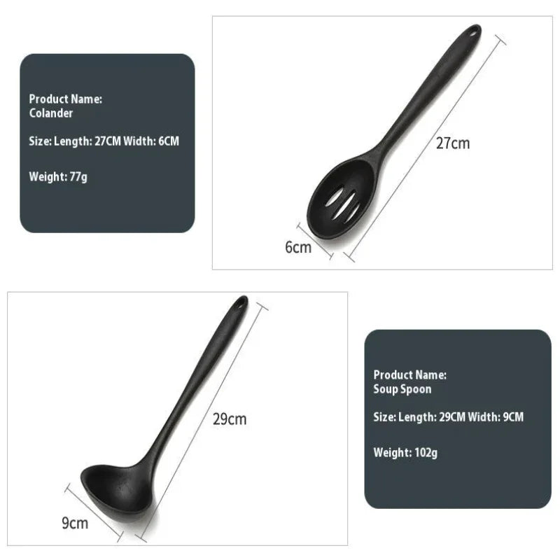 Ustensiles de cuisine noirs en silicone antiadhésif, 10 pièces