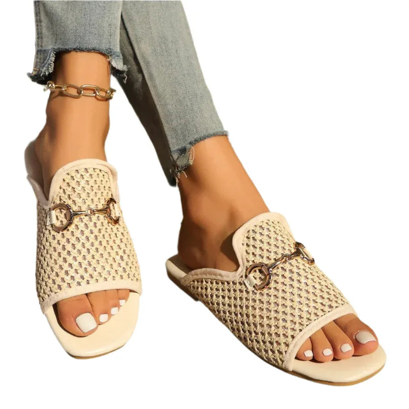 Sandales plates à bout carré évidé, chaussures de plage plates et unies pour femmes, mode estivale