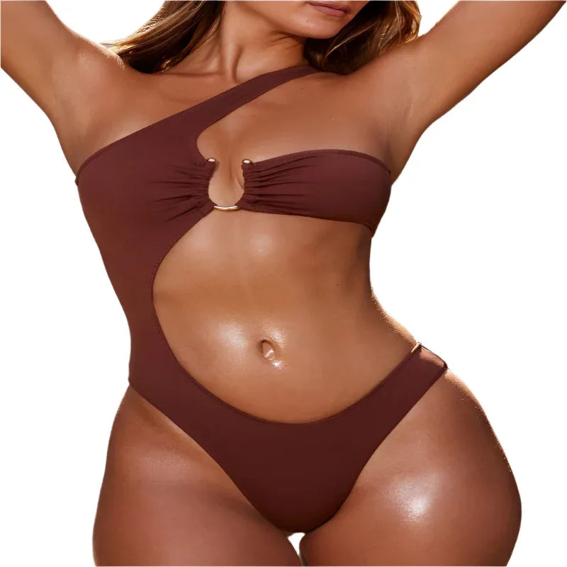 Maillot de bain une pièce à une épaule de couleur unie pour femme