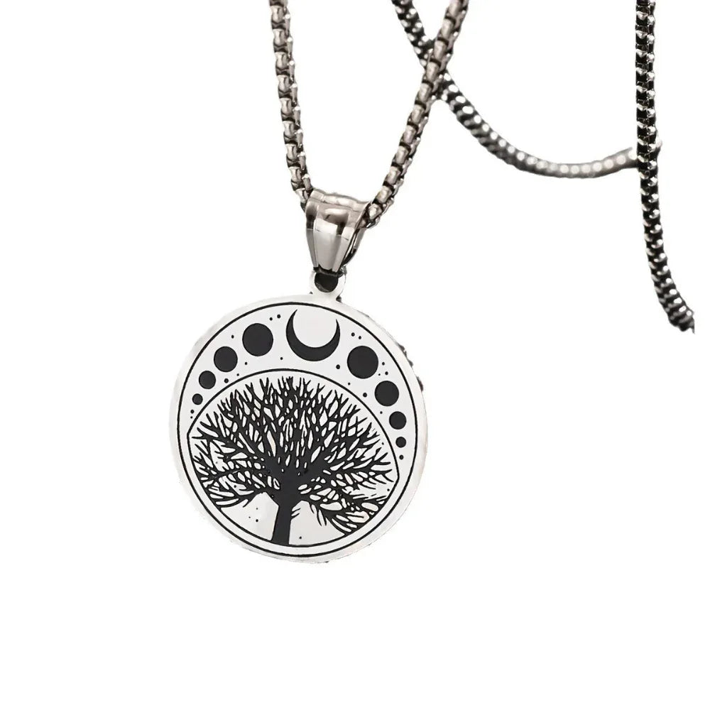 Collier pendentif Arbre de Vie rond en acier inoxydable pour hommes