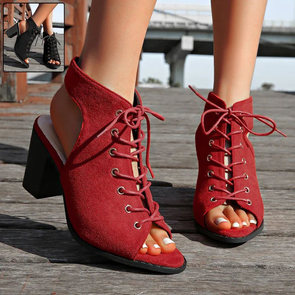 Sandales à talon épais avec lacets, style estival, chaussures à bout ouvert pour femmes