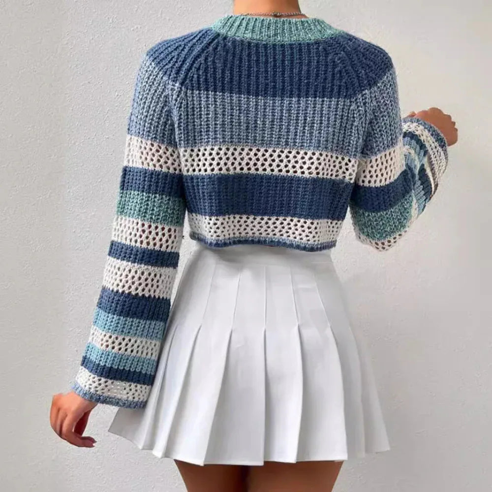 Pull court et mode évidé pour femme, à rayures contrastantes