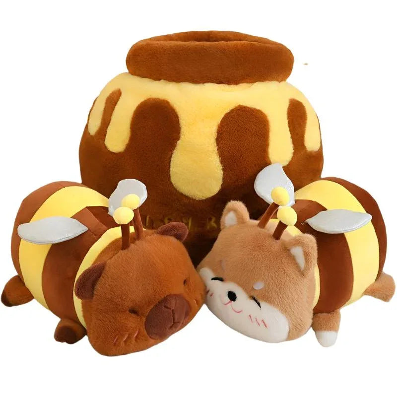 Bienen-Capybara und Bienen-Shiba Inu Plüschtiere mit Plüsch-Honigglas