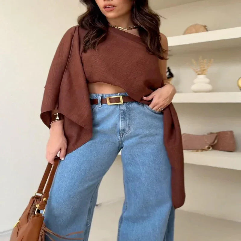 Haut court femme marron épaules dénudées