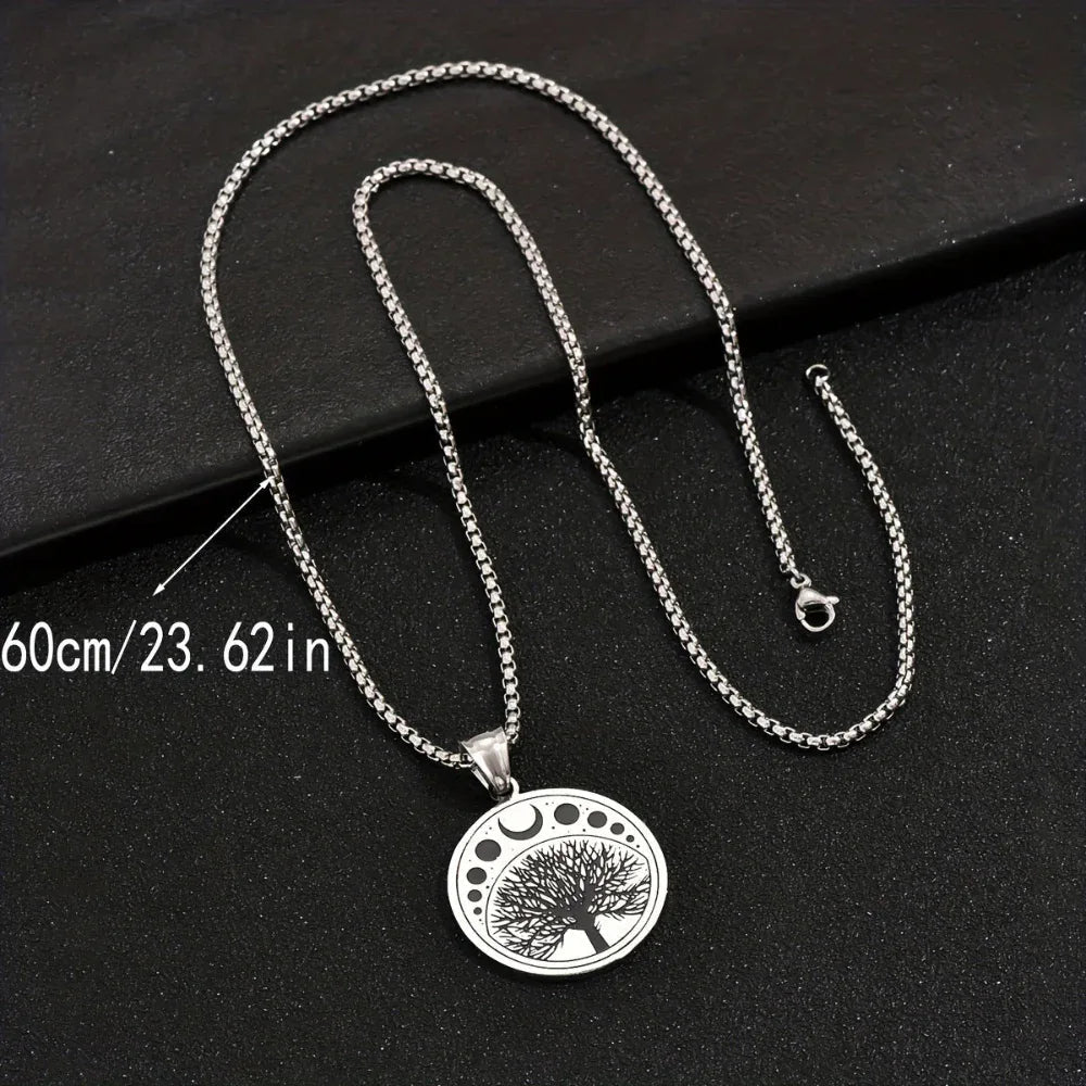 Collier pendentif Arbre de Vie rond en acier inoxydable pour hommes
