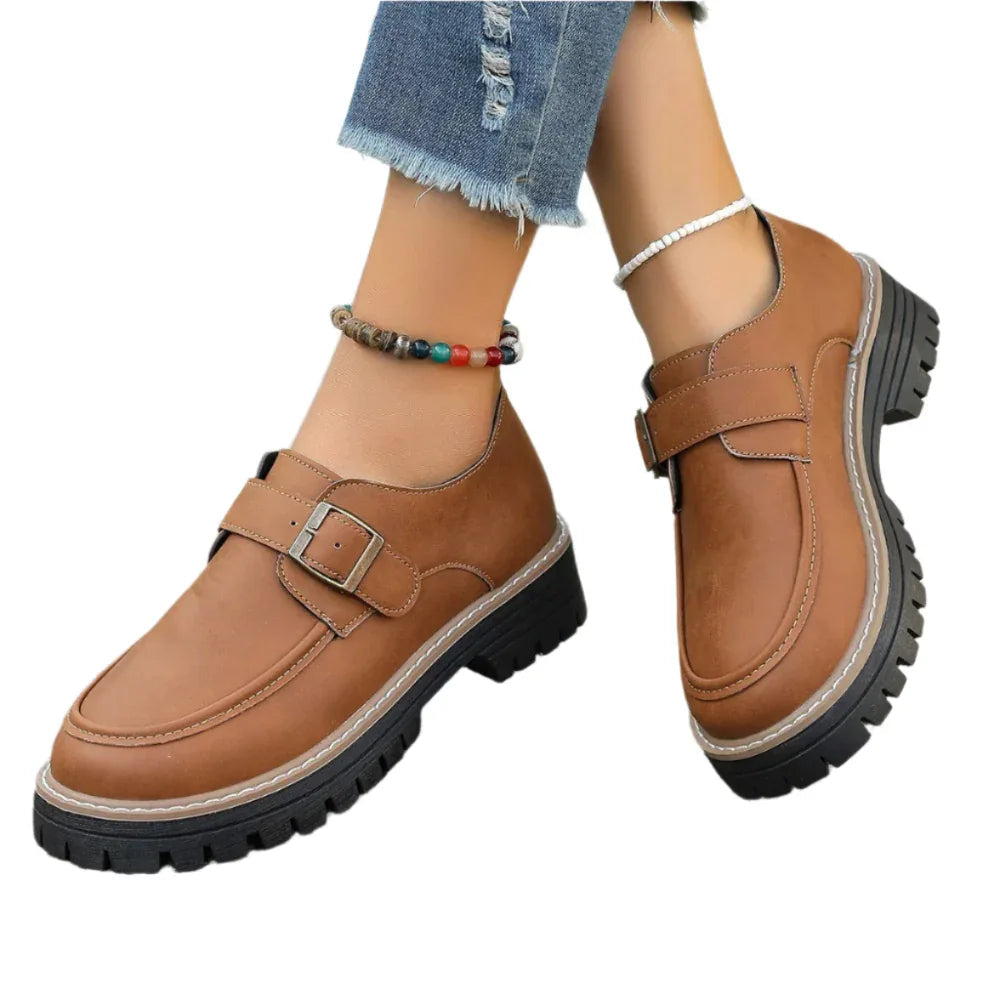 Mocassins à Boucle Tendance pour Femme Style Britannique Chaussures Décontractées à Semelle Épaisse Rehaussant la Taille