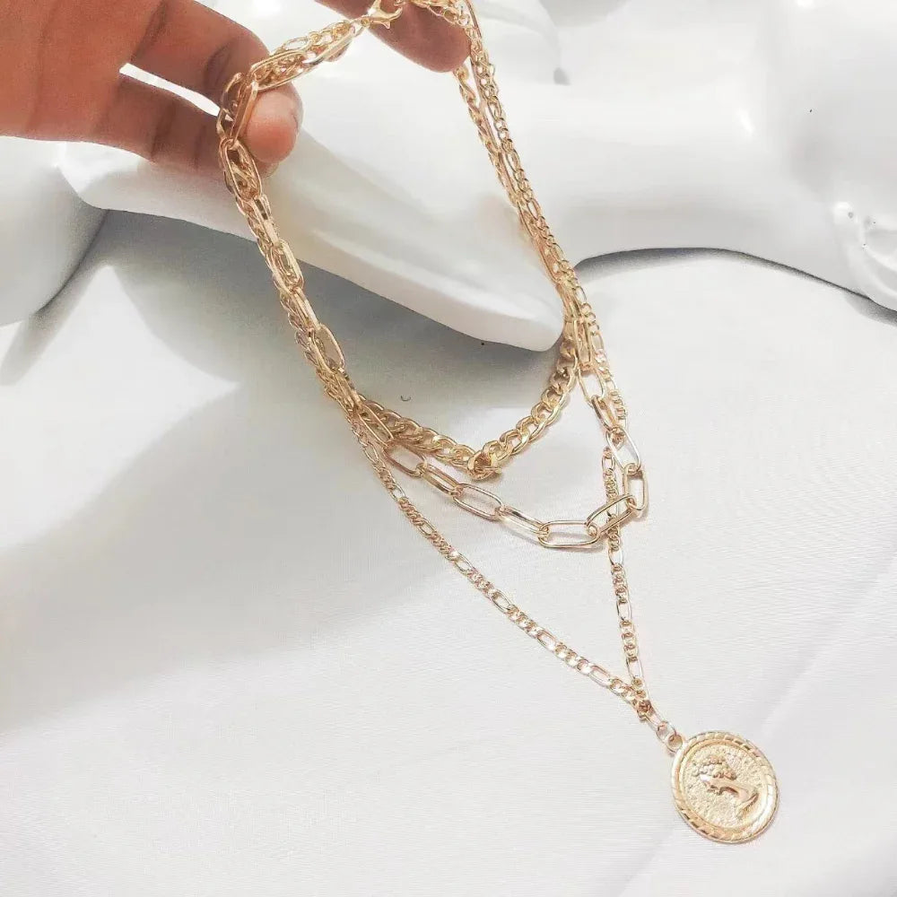 Collier unisexe multicouche en alliage métallique à la mode et polyvalent