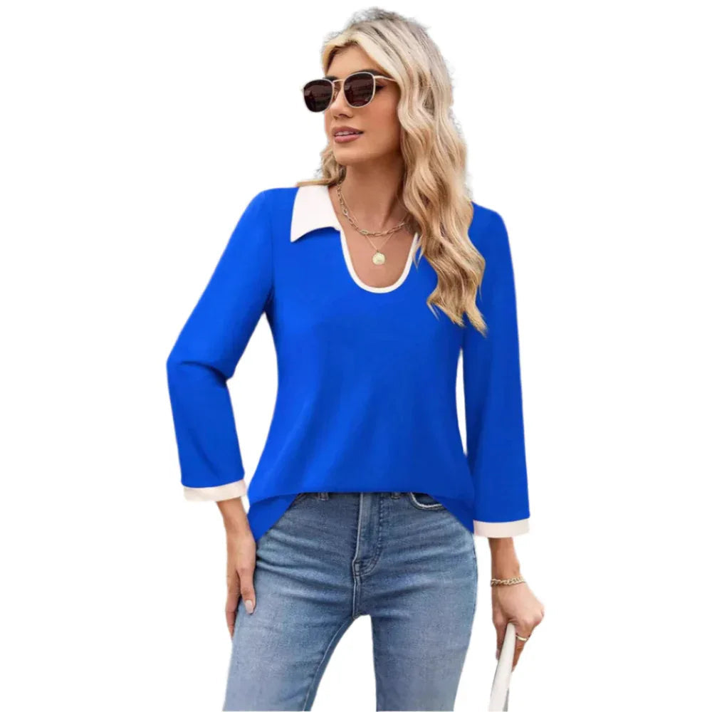 Haut à manches longues et col à revers de couleur contrastée pour femme