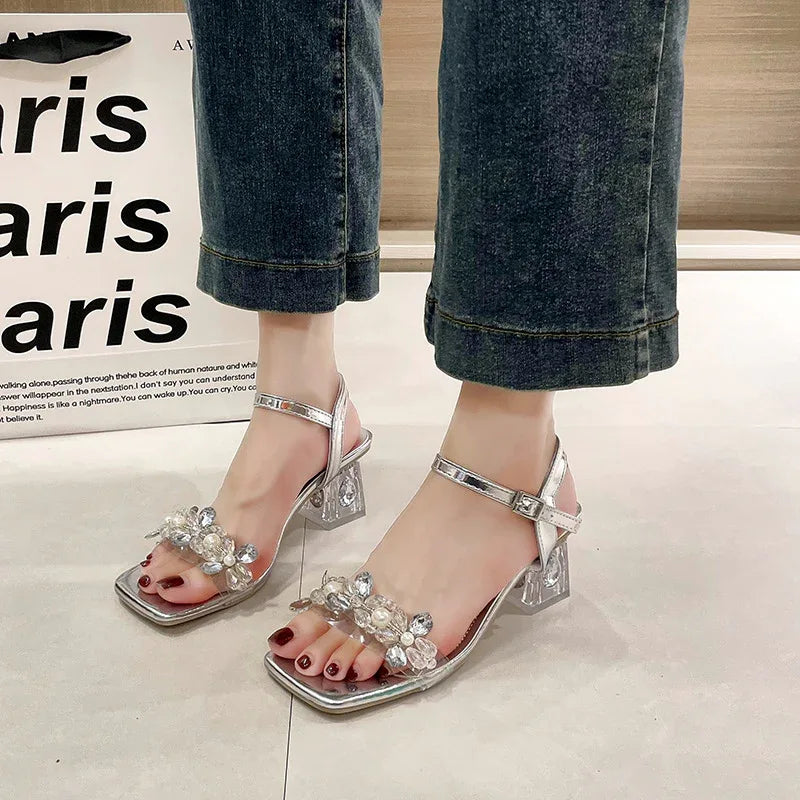 Chunky Heel Strass-Riemen Outdoor High Heels Sandalen