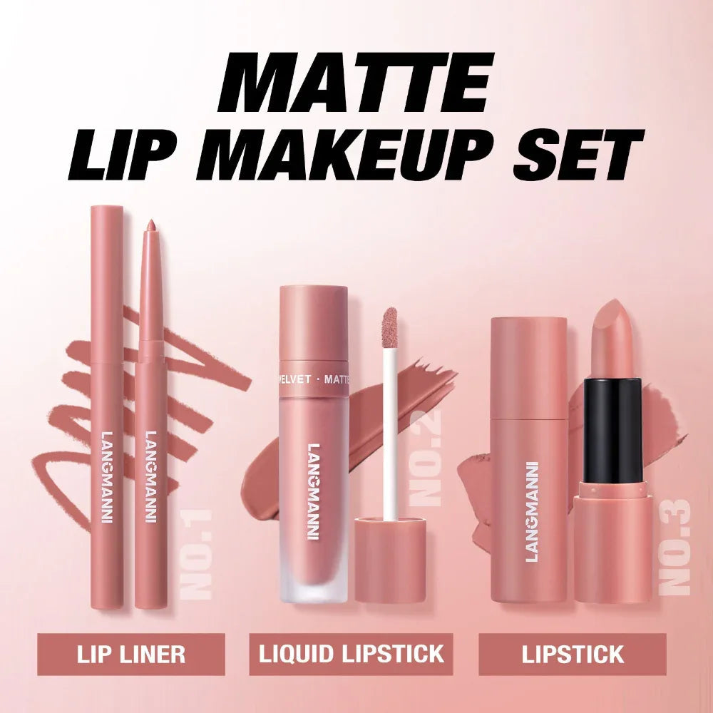 6 Farben Lipliner Flüssiger Lippenstift & Lippenstift 3-teiliges Set
