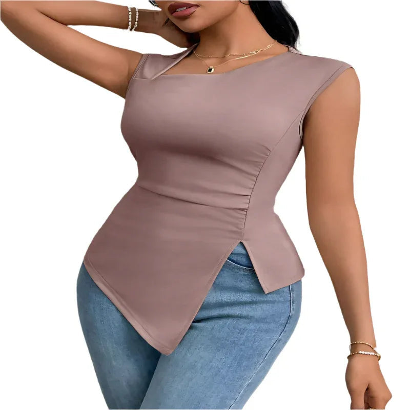 T-shirt asymétrique pour femme, col diagonal, sans manches