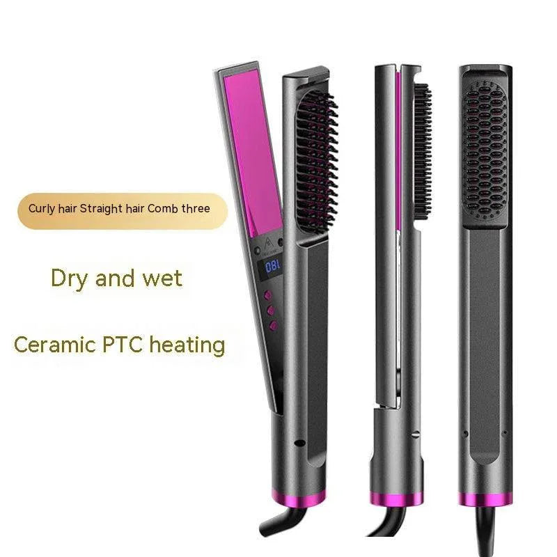 Peigne lisseur multifonctionnel trois-en-un, à rouleaux, à usage double, pour cheveux secs et humides