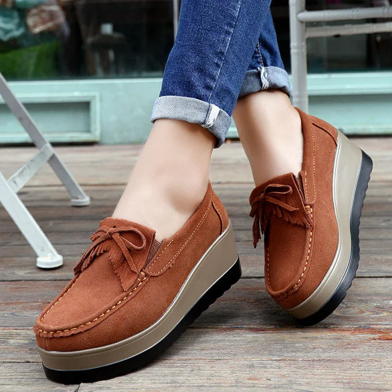 Chaussures à enfiler épaisses à la mode avec nœud à pompons pour femme