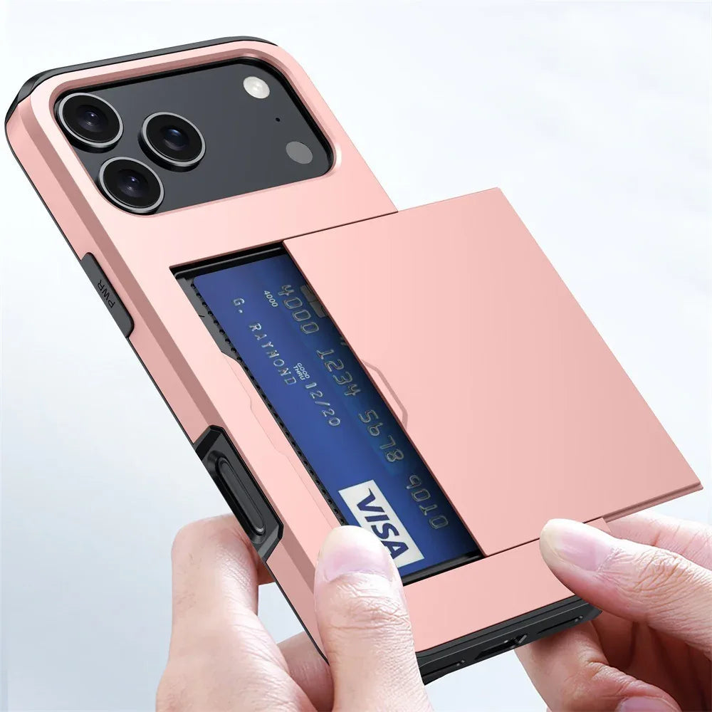 Coque de protection pour téléphone avec couvercle coulissant pour cartes