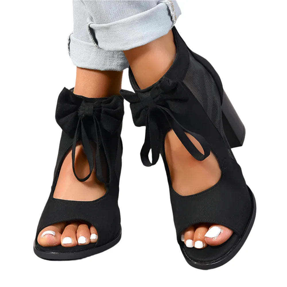 Sandales à Talons Carrés Épais pour Femmes, Décoration Nœud, Bout Ouvert, Bride Cheville Épaisse