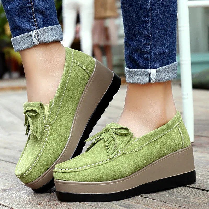 Chaussures à enfiler épaisses à la mode avec nœud à pompons pour femme