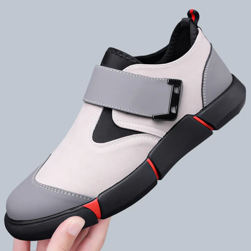 Chaussures basses décontractées en cuir pour hommes, confortables, à enfiler, avec velcro, antidérapantes, à talon plat et absorption des chocs