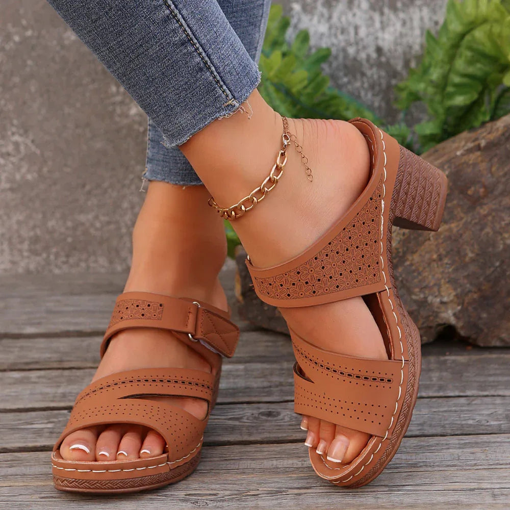 Quadratische Absatz Peep-Toe Sandalen für den Sommer, einfarbig, Freizeitschuhe