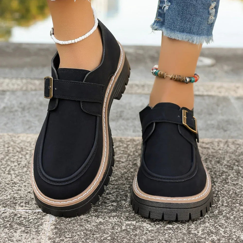 Mocassins à Boucle Tendance pour Femme Style Britannique Chaussures Décontractées à Semelle Épaisse Rehaussant la Taille