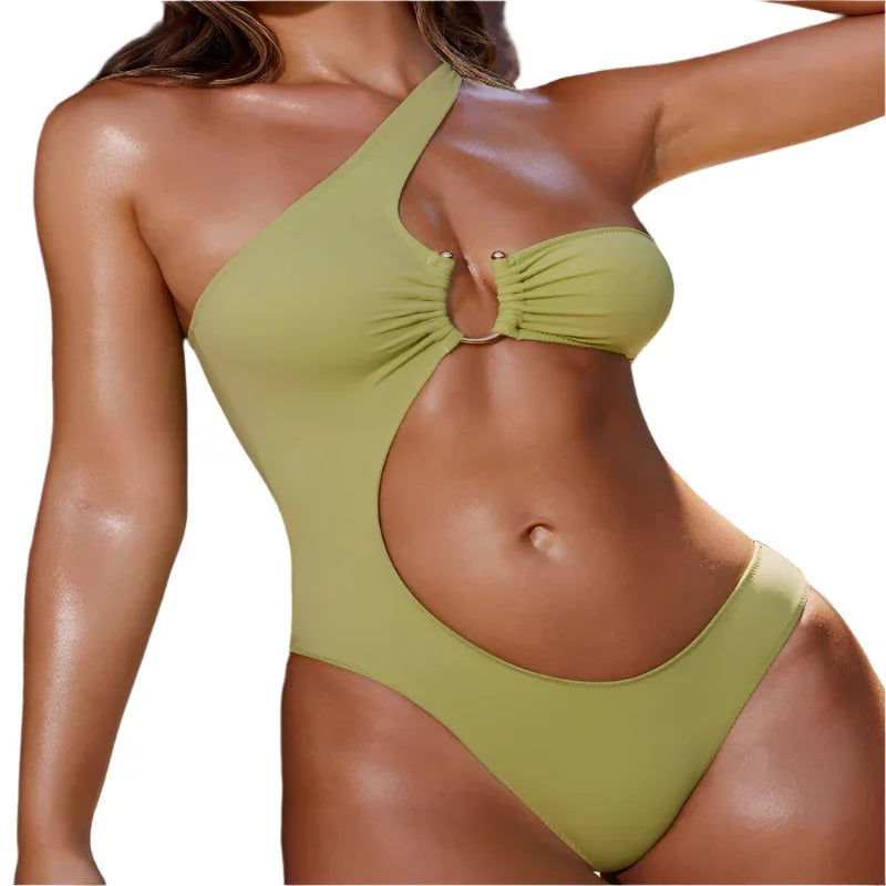 Maillot de bain une pièce à une épaule de couleur unie pour femme