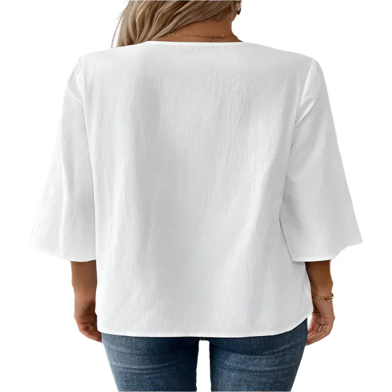 Damen Langarm Bluse mit V-Ausschnitt, einfarbig, schlicht, leger