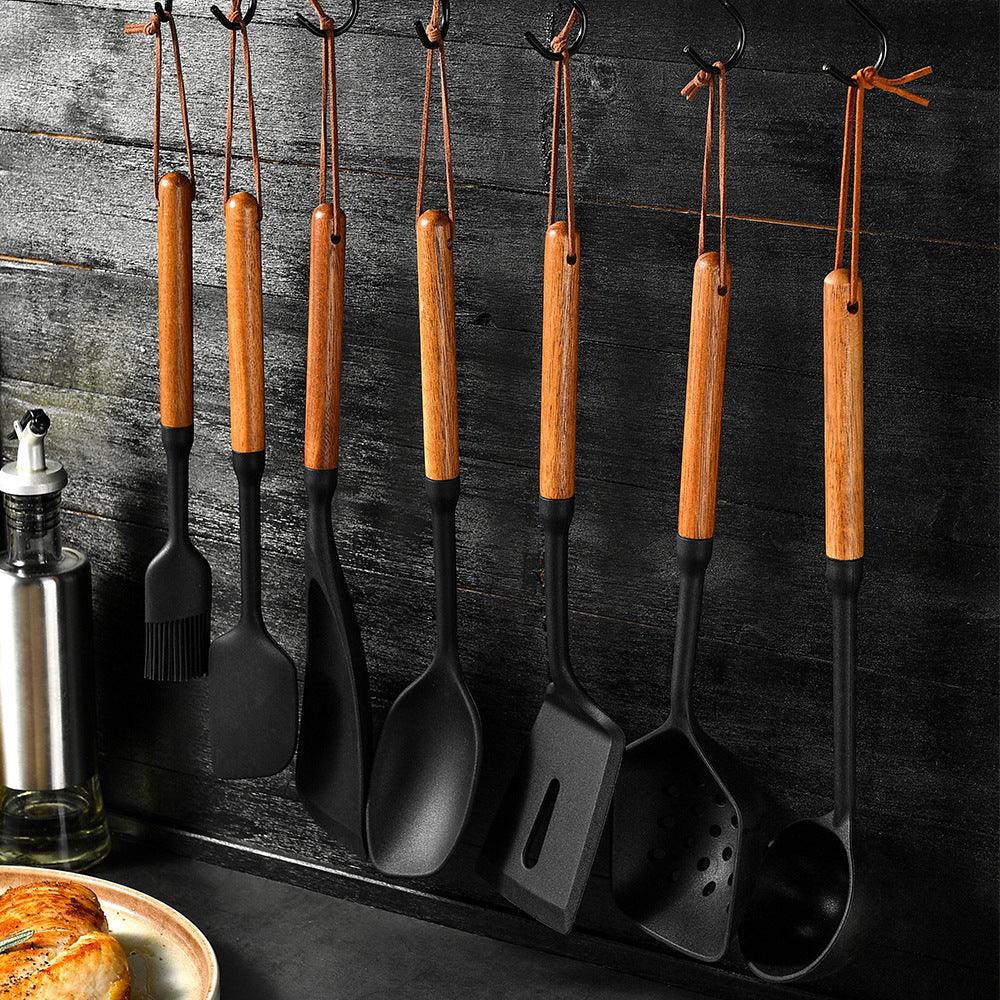 Ensemble d'ustensiles de cuisine en silicone à manche en bois, résistant aux hautes températures