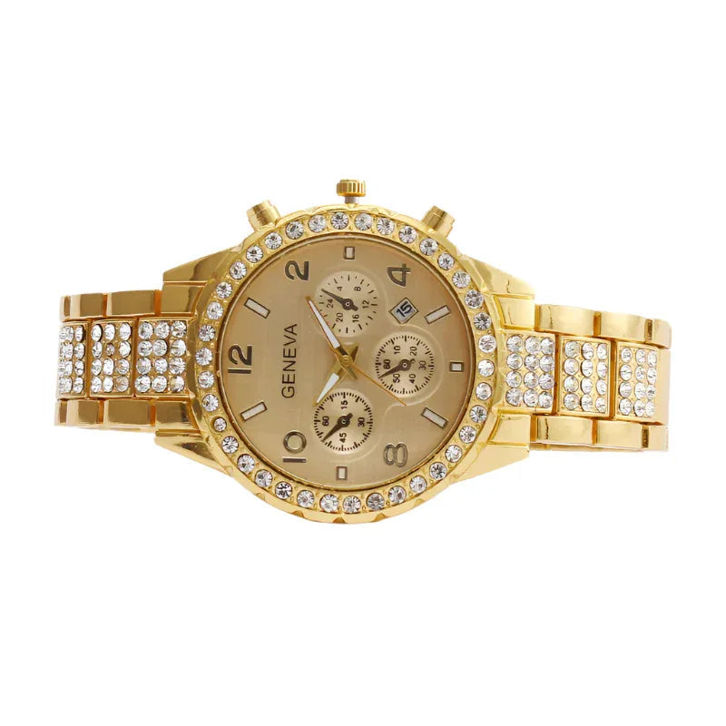 Montre à quartz pour femme à trois yeux avec calendrier numérique et diamants