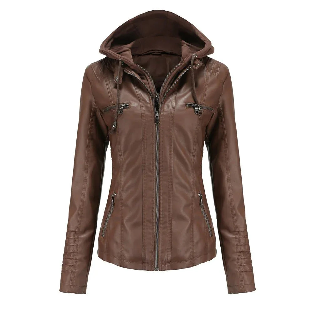 Blouson en cuir à capuche détachable deux pièces pour femme
