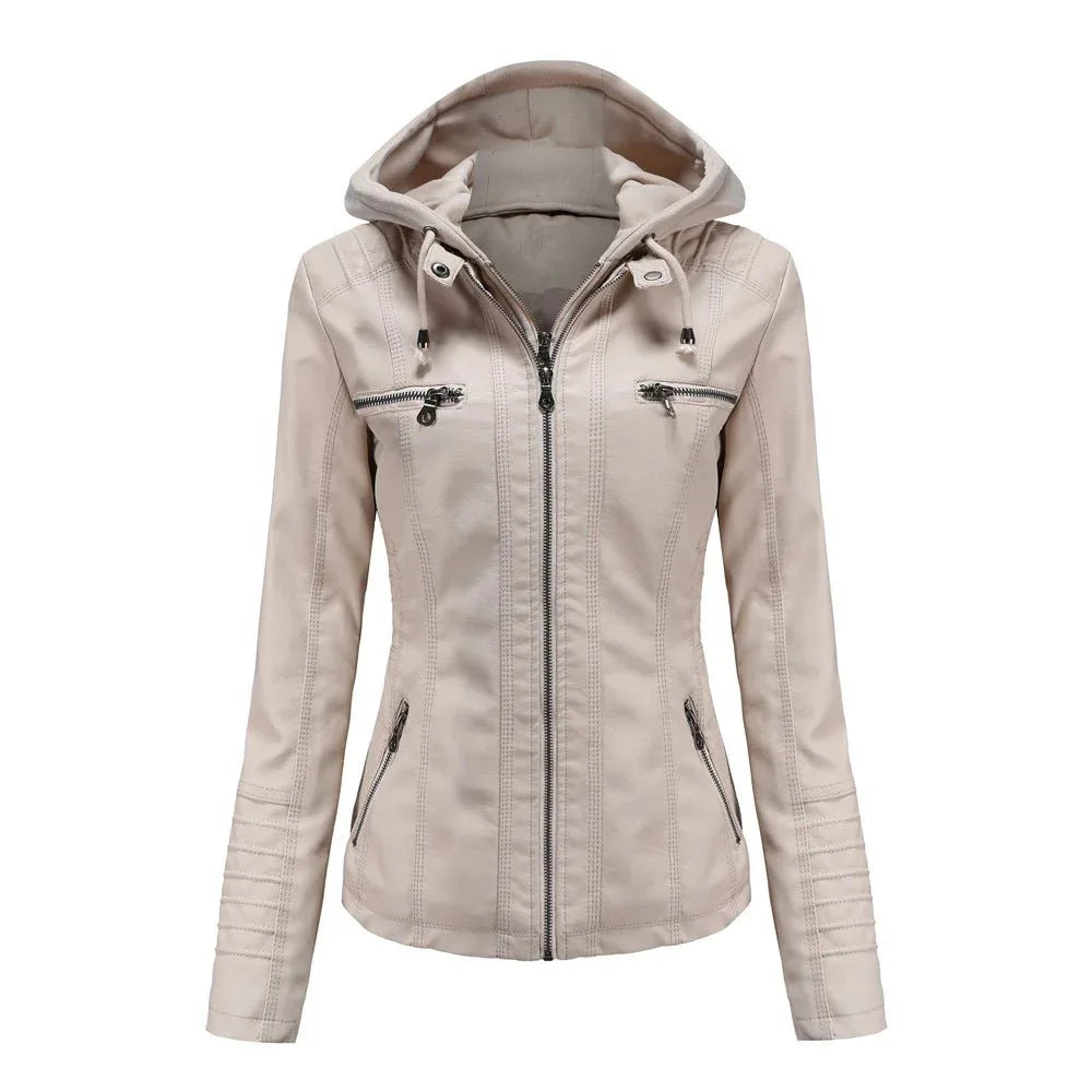 Blouson en cuir à capuche détachable deux pièces pour femme