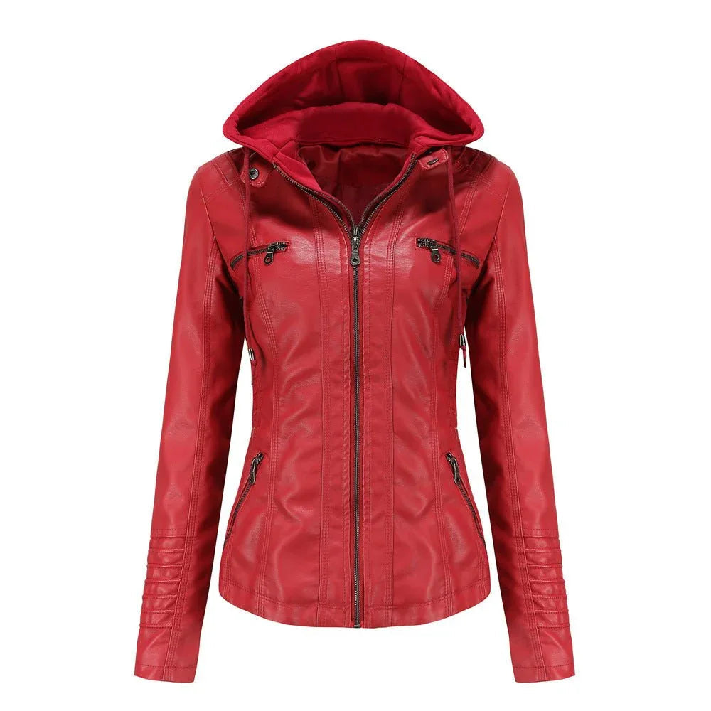Blouson en cuir à capuche détachable deux pièces pour femme