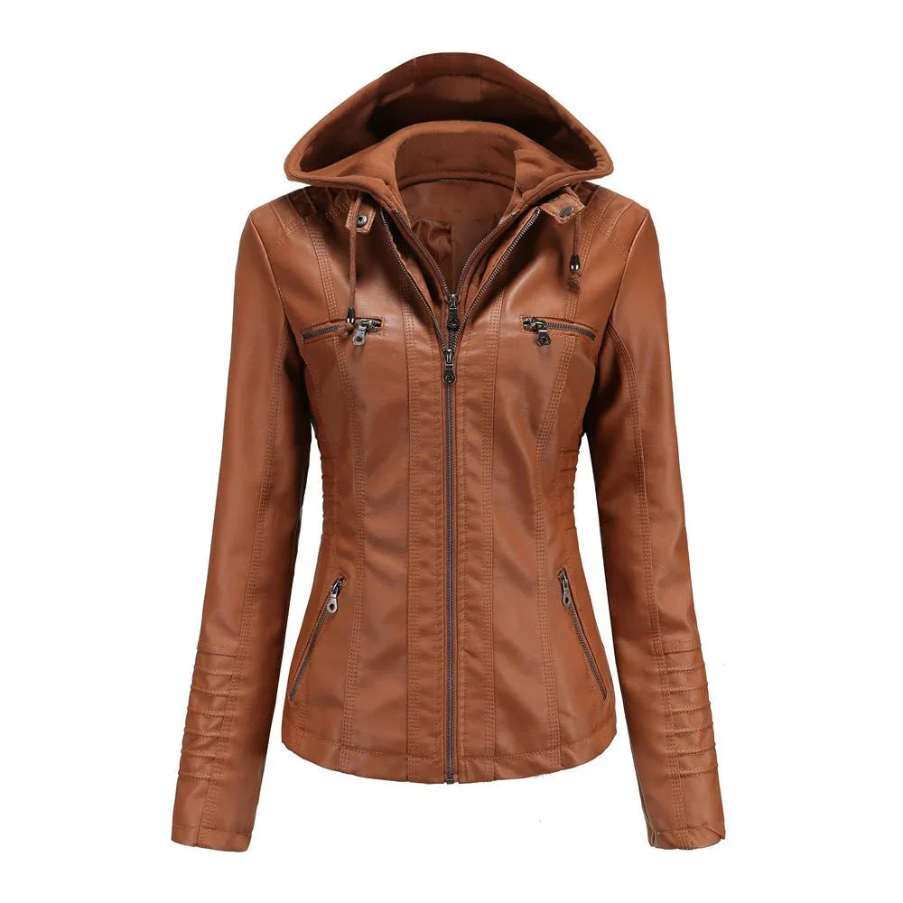 Blouson en cuir à capuche détachable deux pièces pour femme