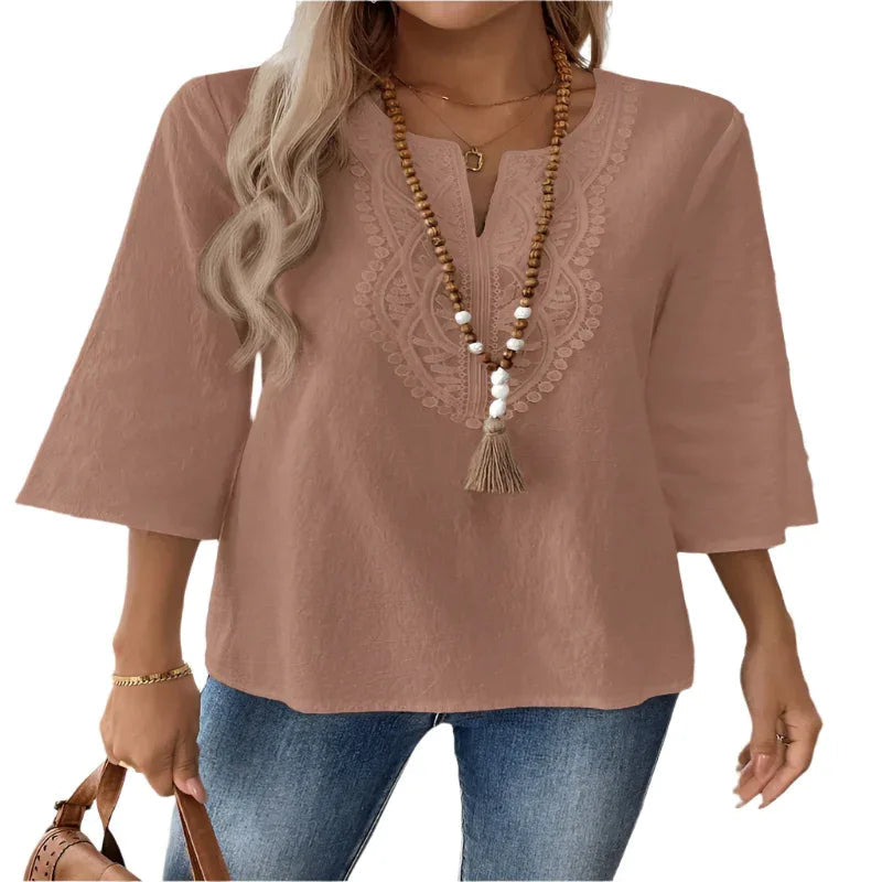 Damen Langarm Bluse mit V-Ausschnitt, einfarbig, schlicht, leger