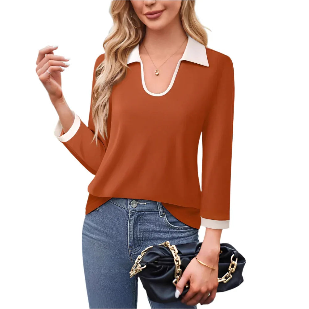 Haut à manches longues et col à revers de couleur contrastée pour femme