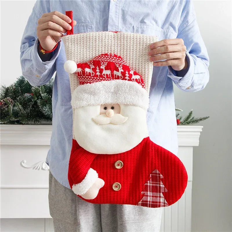 Grande chaussette de Noël tricotée rouge et blanche Père Noël, chaussette de décoration de cheminée, sacs cadeaux de Noël, support à bonbons pour la maison
