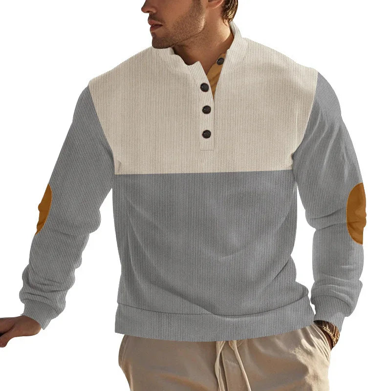 Pull homme décontracté avec col montant, demi-boutonné, motif color block