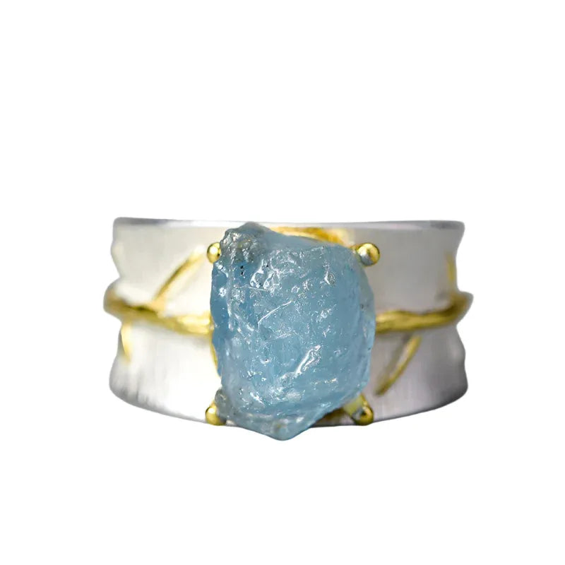 Bague longue feuille en argent S925 avec pierres précieuses pour femme