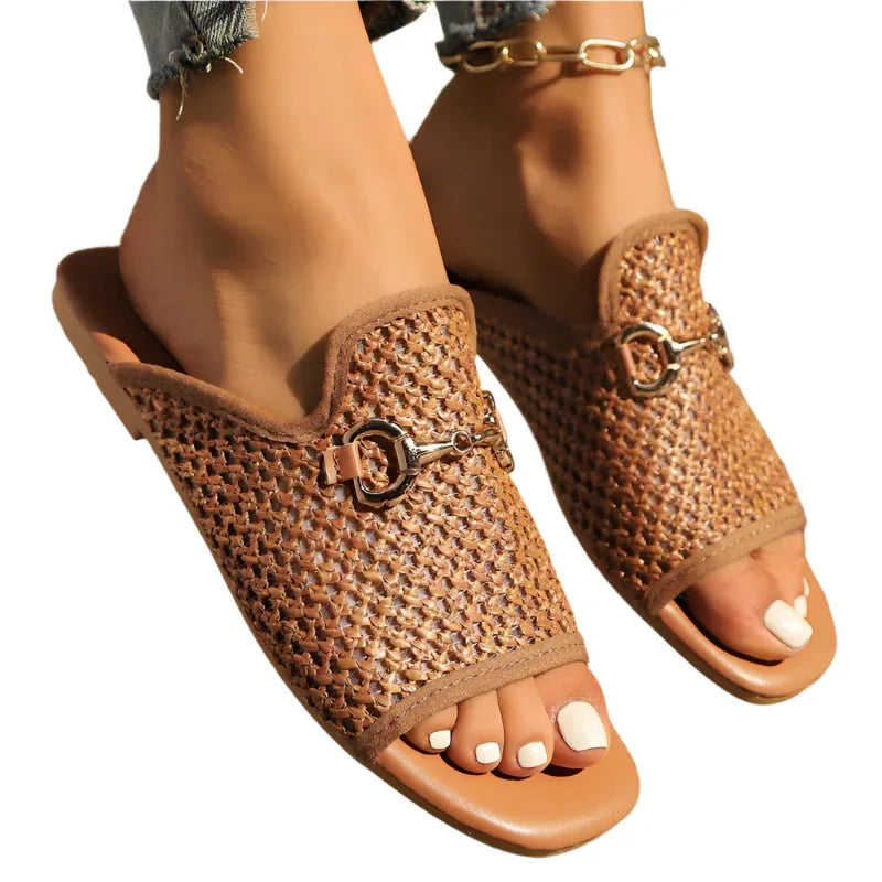 Sandales plates à bout carré évidé, chaussures de plage plates et unies pour femmes, mode estivale
