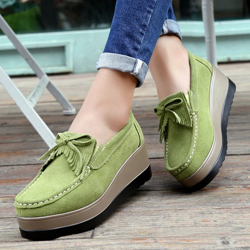 Chaussures à enfiler épaisses à la mode avec nœud à pompons pour femme