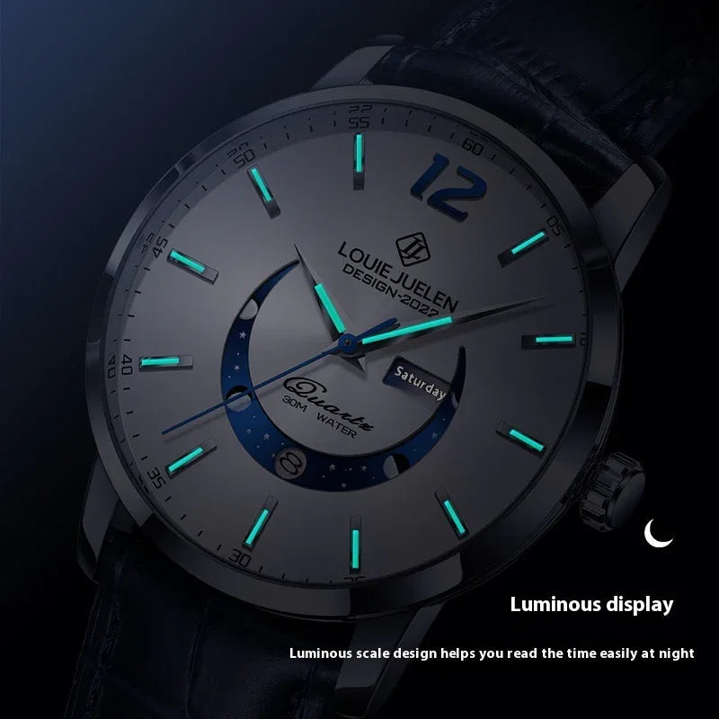 Leuchtende Wasserdichte Armbanduhr Herren Mode Echtes Lederarmband Quarzuhr