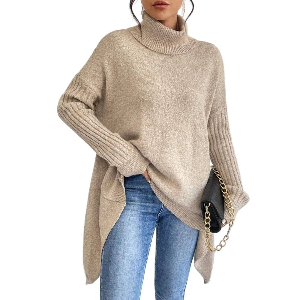 Chandail à col roulé irrégulier Hiver Ample Manches longues Tricoté Hauts Loisirs Chaud Pull Chandail Vêtements pour femmes